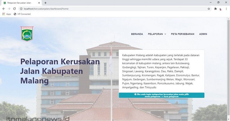 Tampilan website Pelaporan Kerusakan Jalan di Kabupaten Malang karya Tutut Suryani mahasiswa Teknik Informatika S-1 ITN Malang