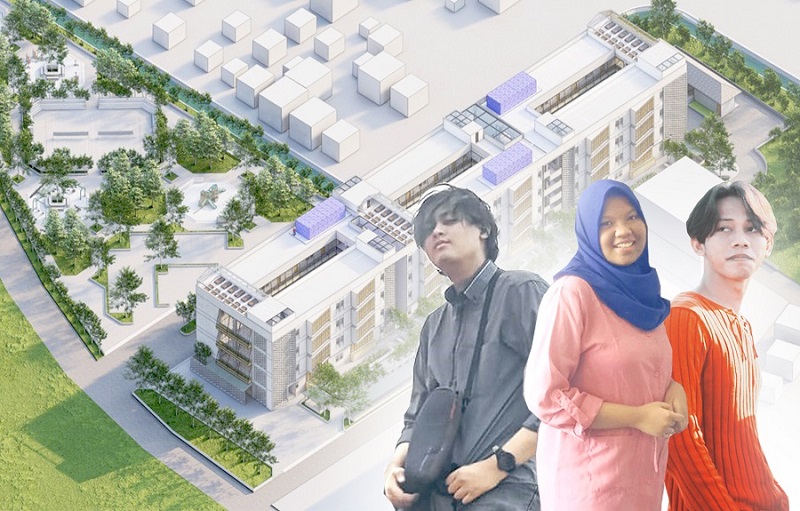 Tim MBKM Studi Independen Arsitektur ITN Malang Raih Mention Honorable Sayembara Desain Rusun Pra-Pabrikasi Rendah Emisi 2021. Ki-ka Nico Firmansyah, Ratih puspita Sukmawati, dan Ahmad Sulton Royan